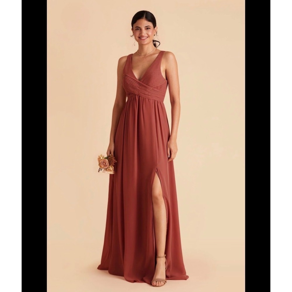 Birdy Grey Laurie Chiffon Maxi Bridesmaid Dress in Spice Slit Terracotta Size S